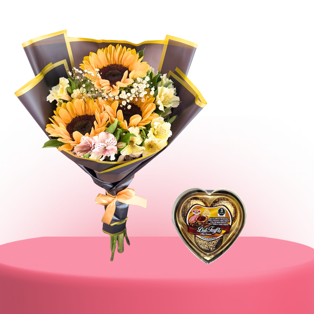 Ramo 3 Girasoles + bombones de 3 Und.